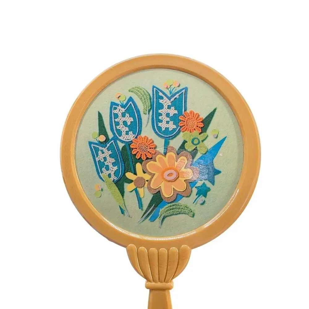 Vintage 70s Handheld Vanity Mirror‎ With Floral Design & Yellow Celluloid Handle